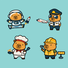 Fototapeta premium Cute Capybara Future Careers Characters Set – Astronaut, Pilot, Chef and Construction Worker
