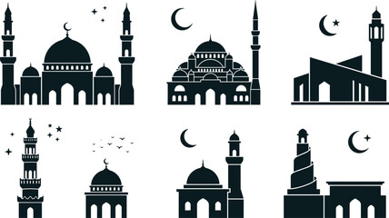 Mosque Silhouette Vector Collection Featuring Traditional Modern and Unique Architectural Styles with Spiral Minarets and Crescent Moons for Islamic Designs © MstBabli