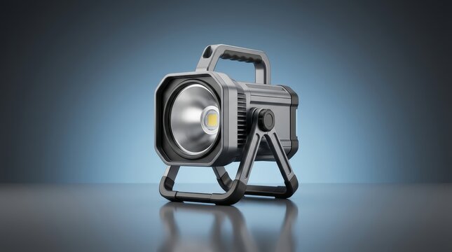 Industrial portable spotlight 3D render concentrated directional illumination device durable transportable housing construction maintenance field deployment