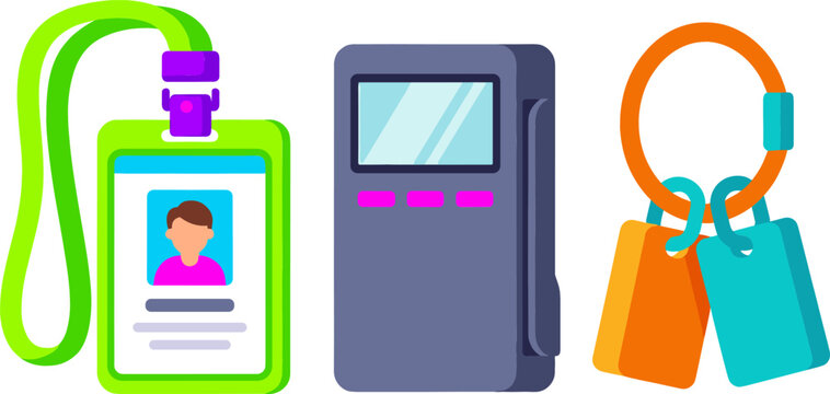 Corporate Office Security Vector Icon Set with Identification ID Badge Lanyard Electronic Access Terminal Scanner and Key Ring Tag Elements