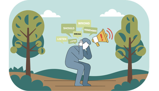 Stressed man covers his ears in a park to block out negative feedback, commands, and criticism from a megaphone.