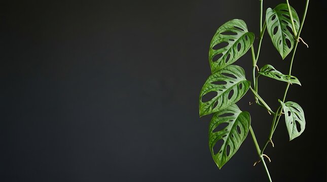 Vibrant green swiss cheese plant vine against a dark gray wall