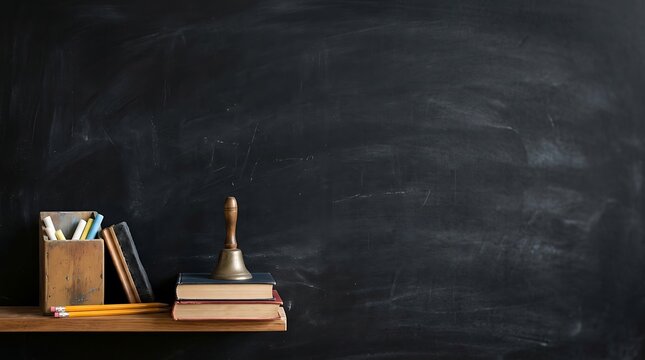 School supplies and bell on a shelf against a blackboard background