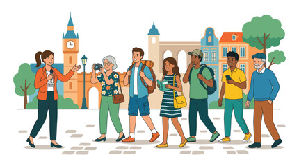 Tourists with guide sightseeing in European city square. © diki