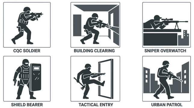 Tactical unit soldiers during urban building clearing operations.
