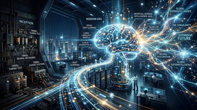 A futuristic image showing the development of AI technology from its inception to the present and the possibilities of the future, visualized as a cinematic timeline or an evolving digit
