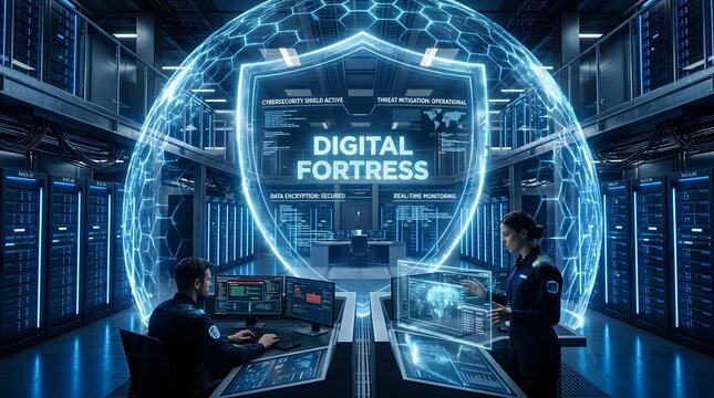 A sleek and modern digital fortress designed to safeguard your business from potential cyber attacks. IT Server room environment, futuristic glowing shields, high-tech cybersecurity aest