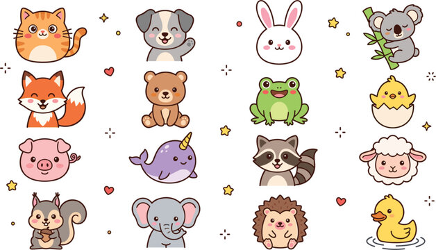 Kawaii Cute Animal Sticker Set with Smiling Cat, Dog, Rabbit, Koala, Bear, Fox, Frog, Elephant, and Narwhal Vectors for Kids Baby Branding and Graphic Designs
