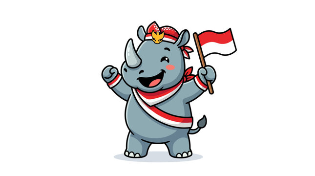 Cheerful Javan Rhinoceros Mascot Holding Indonesian Flag on Independence Day