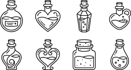 Obraz premium Set of eight magical potion bottles with heart shapes