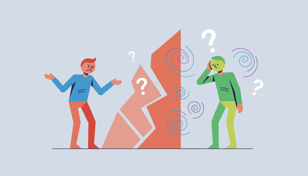 Two people stand on opposite sides of a broken wall to illustrate communication breakdown, conflicts, and relationship gaps.