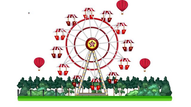 Animated Carnival Scene with Rotating Ferris Wheel and Hot Air Balloons