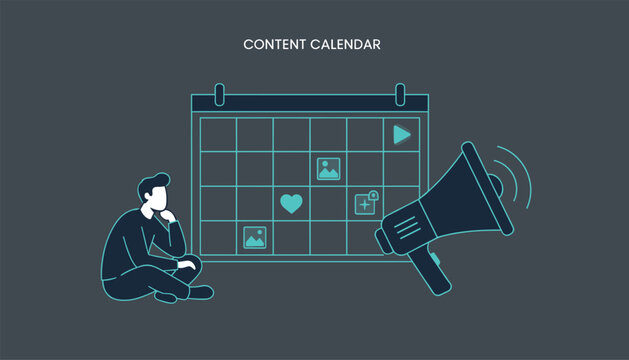 Creative digital content planner thinking about social media scheduling with content calendar and megaphone icon.