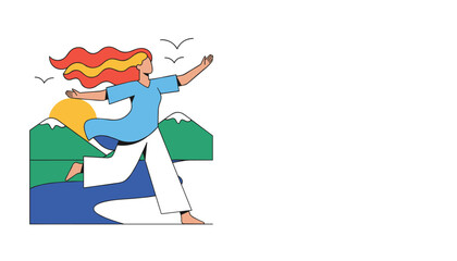 Fototapeta premium Happy active woman with colorful hair running freely outdoors with scenic green mountains and rising sun.
