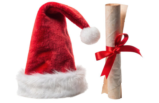 Santa hat and rolled vintage scroll with red ribbon isolated on transparent background for holidays