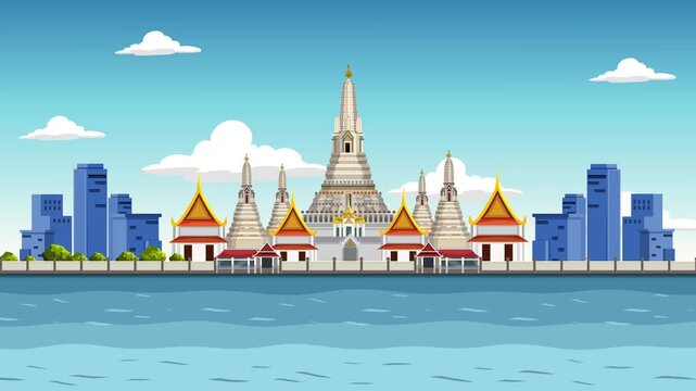 Animated Travel Poster of Wat Arun Temple in Bangkok Thailand