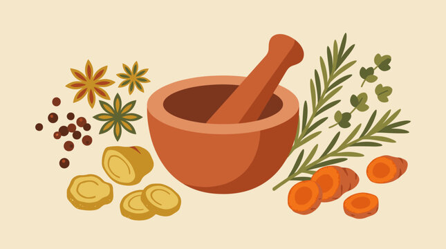 Clay mortar and pestle with herbs and spices.