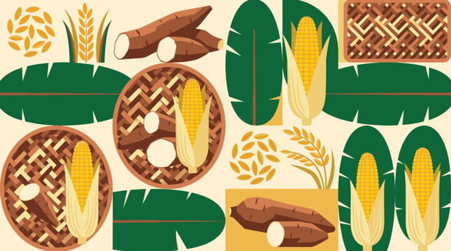 Illustration of corn cobs kernels and husks arranged.