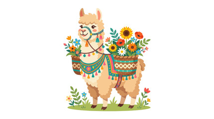 Fototapeta premium Cute Llama with Flowers and Colorful Saddle