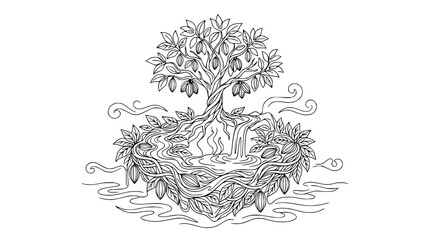 Mystical Cacao Tree with Waterfall and Flowing Roots Illustration © Akun