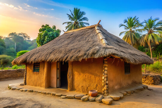 Traditional Indian mud house with thatched roof
