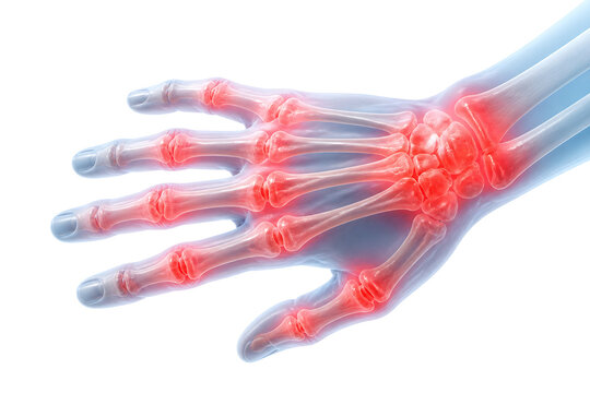 A detailed, translucent anatomical illustration of a human hand and wrist showing bone structure and blood vessels. isolated on transparent background