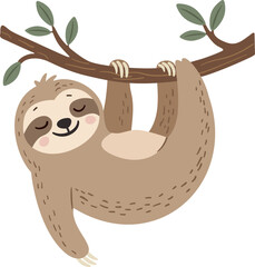Fototapeta premium Cartoon Sloth Hanging On Tree Branch