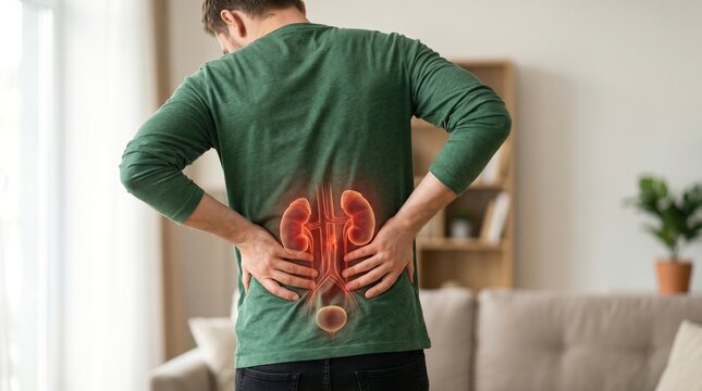 Glowing kidney and urinary tract anatomy on a human back representing nephrology, kidney health, urinary system diagnosis, medical care and chronic pain concept
