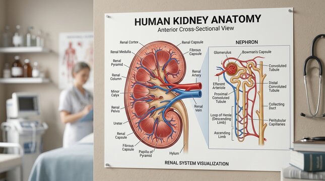 Human kidney anatomy poster with cross-sectional renal system and nephron diagram in a medical clinic, nephrology education, healthcare training and anatomy reference