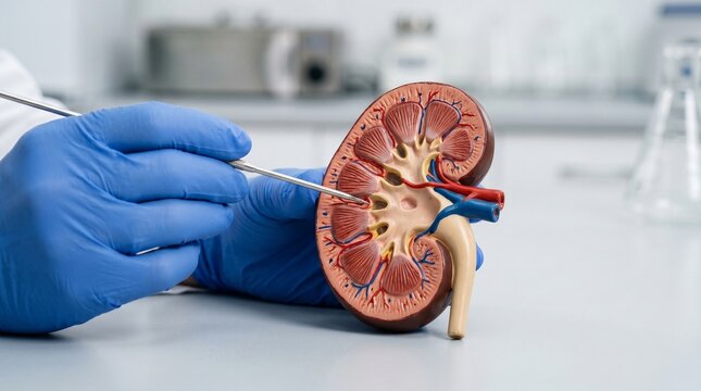 Gloved medical specialist pointing at anatomical kidney model with probe in clinical laboratory, renal anatomy education and nephrology examination in hospital research setting