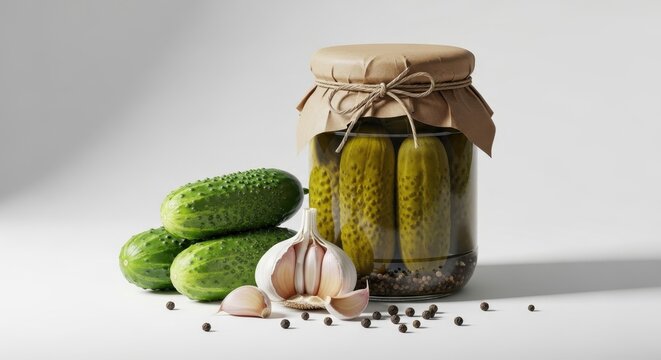 Pickled cucumbers in a jar with fresh garlic and peppercorns, ready for culinary preparation.
