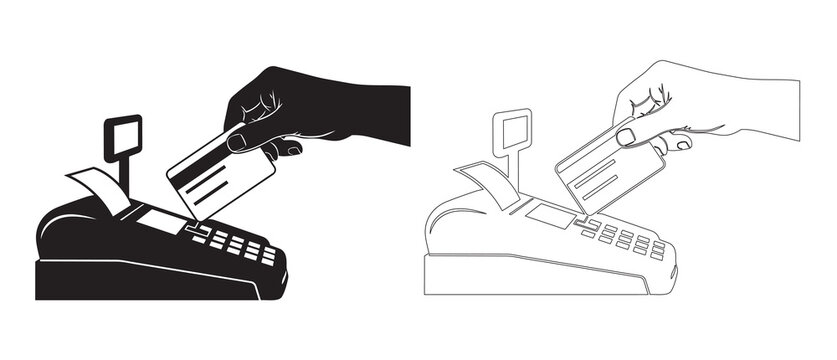 Close up of a hand inserting a credit card into a cash register machine for payment
