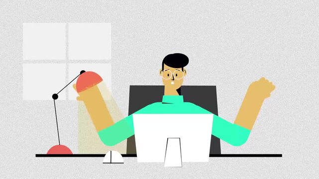 Young Man Working on Laptop at Desk with Desk Lamp, Remote Freelancer or Online Student Productivity, 2D Animation