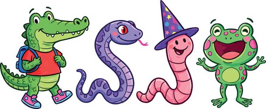 Cute cartoon animal vector character set featuring a school crocodile friendly snake wizard worm and happy spotted green frog illustration
