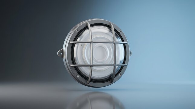 Industrial round bulkhead light 3D render circular protective housing reinforced optical lens sealed enclosure warehouse utility infrastructure applications