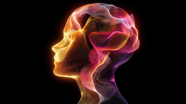 Abstract silhouette of a human head surrounded by vibrant flowing lines representing thoughts, emotions, and creativity