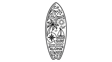 Minimalist surfboard line art featuring tropical beach and ocean scene © ghina