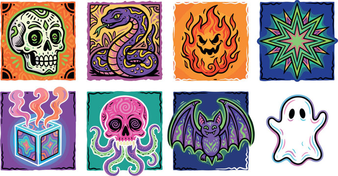 Spooky Halloween vector icon set featuring a sugar skull snake evil flame star magical cube octopus skull bat and ghost sticker