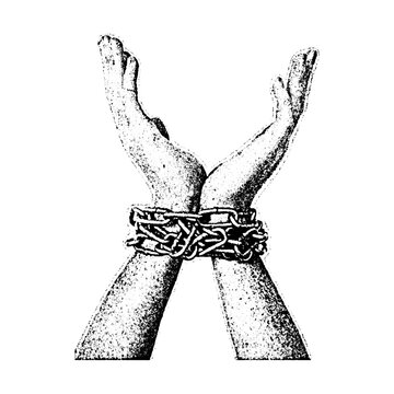 Stippled drawing of human hands bound together by heavy metal chains with restraint shackles imprisonment struggle illustration monochrome symbolism metallic textured detailed stippling