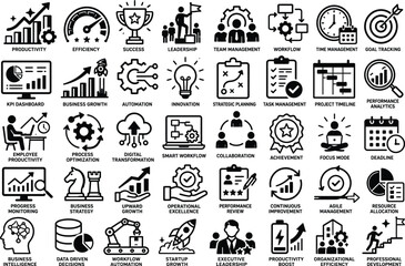 Obraz premium Productivity and efficiency icon set for business performance and growth. Success, leadership, workflow, time management, goal tracking, automation, innovation. Editable icons collection.