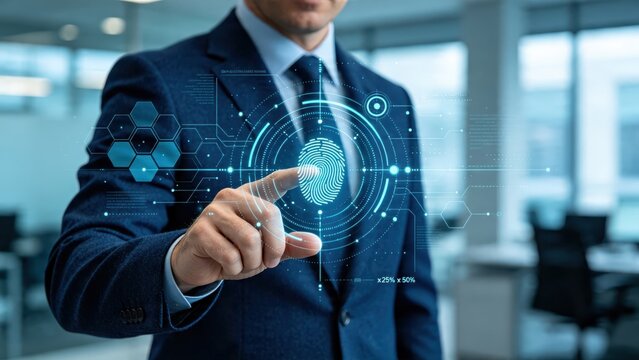 Businessman touching futuristic biometric fingerprint scanner, digital security identity verification concept