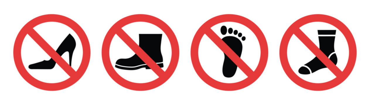 Prohibition sign set, red circle warning symbols, no high heels boots barefoot flip flops allowed safety restriction rules, footwear prohibition vector illustration.