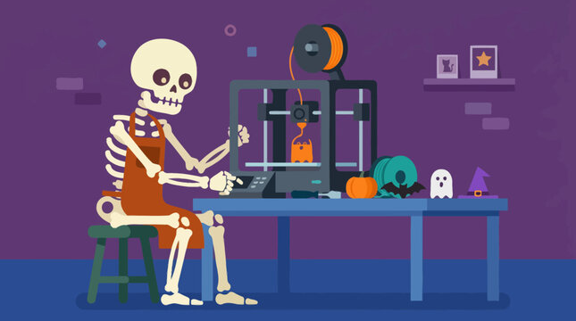 Friendly skeleton in an apron operating a 3d printer in a workshop