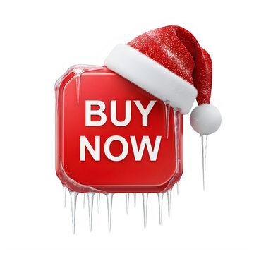 Red buy now button with santa hat and icicles isolated on transparent background