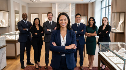 Obraz premium Diverse jewelry showroom team standing in luxury retail environment, led by female jewelry consultant, with gem specialists, designers, and sales professionals in elegant showroom.