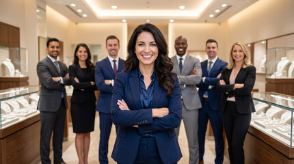 Obraz premium Diverse jewelry showroom team standing in luxury retail environment, led by female jewelry consultant, with gem specialists, designers, and sales professionals in elegant showroom.