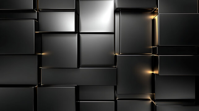 Abstract Dark Metallic Cube Pattern Background with Golden Light Accents.
