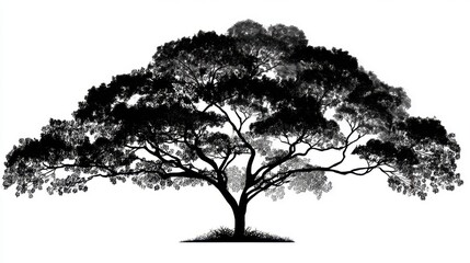 Fototapeta premium Majestic Silhouette of a Large Tree with Expansive Branches and Detailed Leaves on a White Background