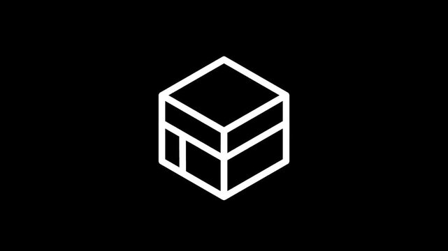 Simple white line art icon of the Kaaba on a black background