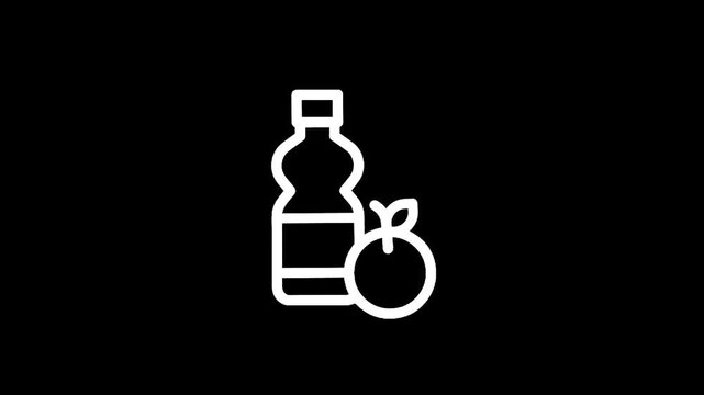 Simple line icon of a bottle next to an orange with a leaf on a black background